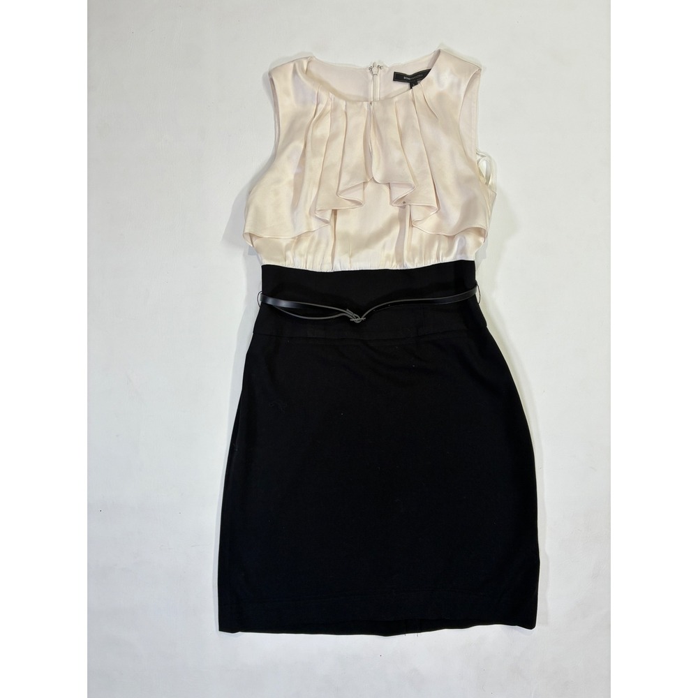 BCBGMAXAZRIA Sleeveless Ruffle Front Sheath Dress Black Cream Size 6